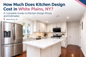 Modern kitchen design with white cabinets and island in White Plains, NY